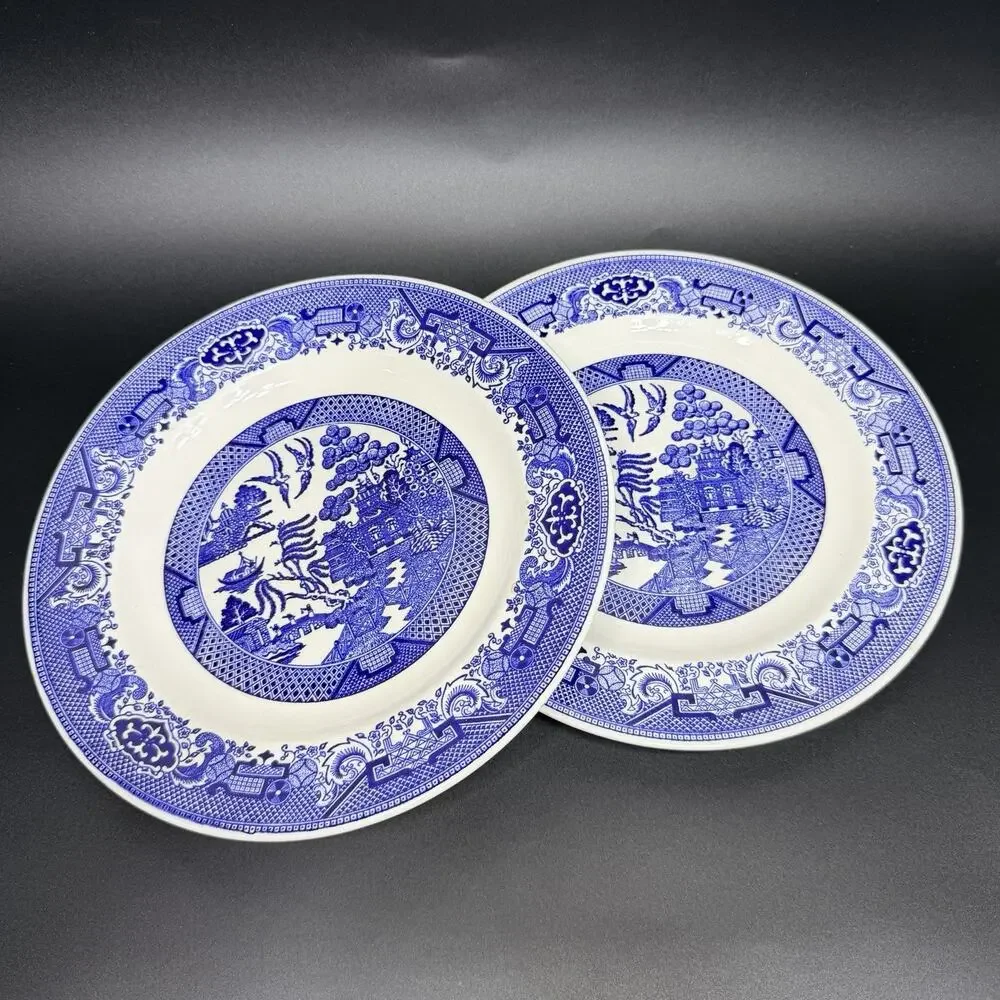 Set 2 Vtg Royal China Blue White Willow Ware 10” Dinner Plates Underglaze